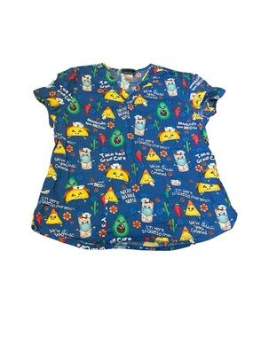 Cherokee Fun Taco & Avocado Print Medical Scrub Top - Blue Size Large